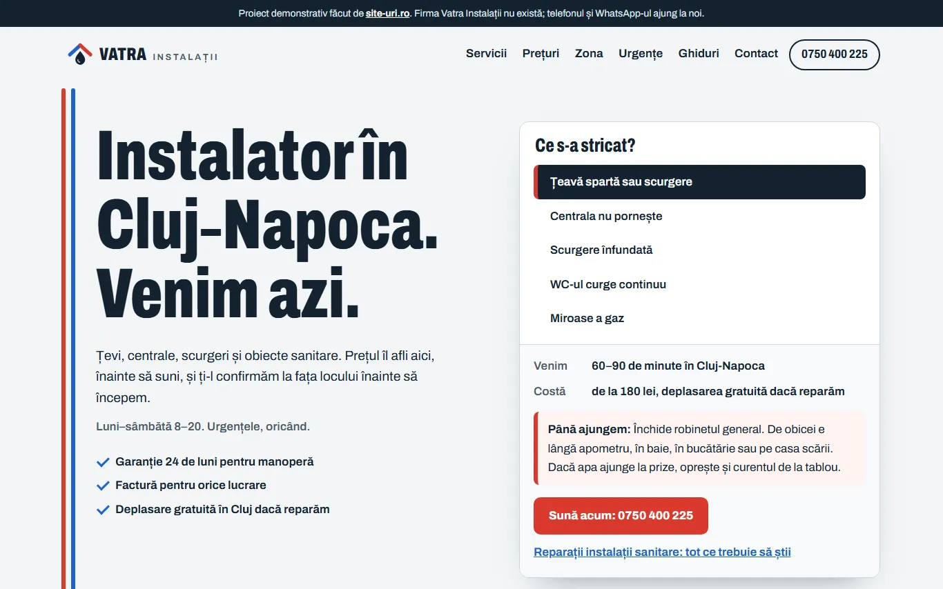 Prima pagină Vatra Instalații pe un ecran de calculator